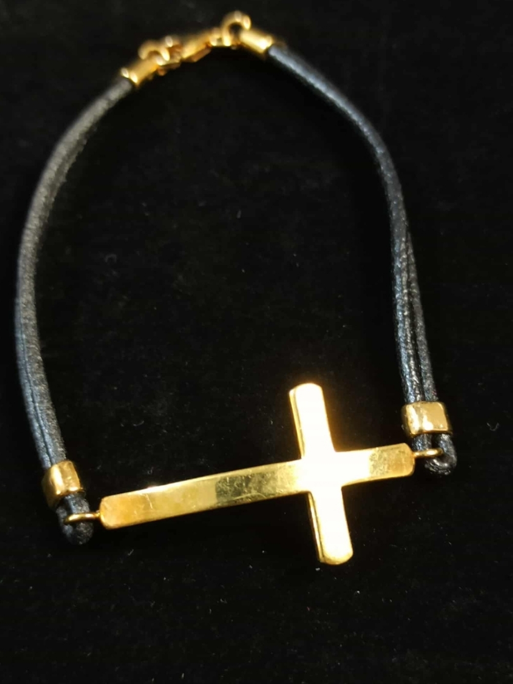 Vintage 90s Bronze Milano Italy Cross Bracelet Black Leather Minimalist
